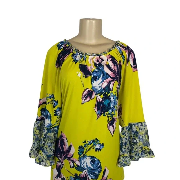 Susan Graver Floral Print Bell Sleeve Liquid Knit Tunic Top XL Boho Multicolor - Picture 2 of 10